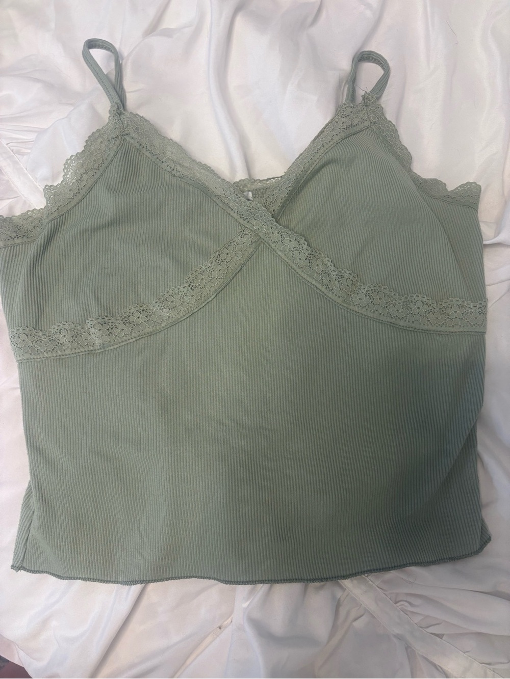 Lace-Trim Ribbed Cami Tank Top - Sage Green